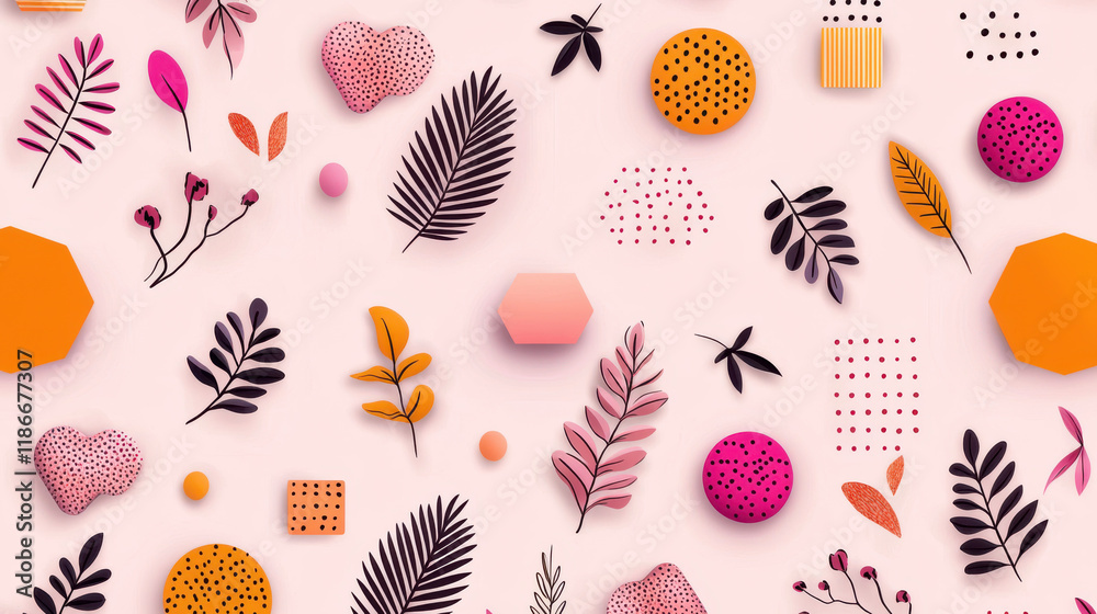 Fototapete colorful geometric shapes and botanical elements create vibrant pattern on soft pink background, sho