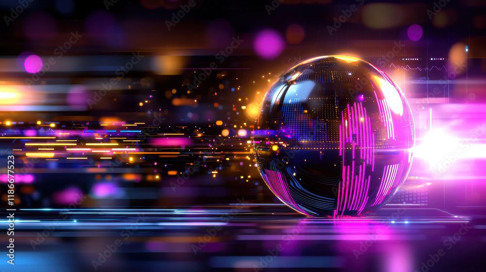 Poster vibrant digital illustration showcasing market analysis concepts with glowing sphere, colorful light