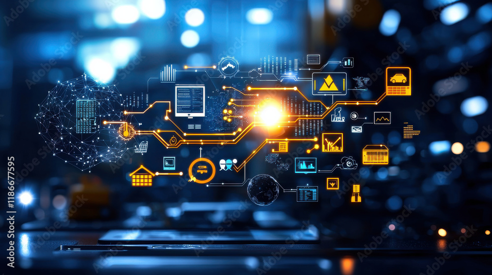 Fototapete creative infographic concept showing flow of big data, featuring various digital icons and graphs representing technology, analytics, and connectivity
