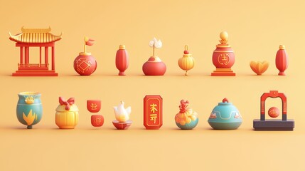 Stylized Chinese New Year Festive Objects Collection
