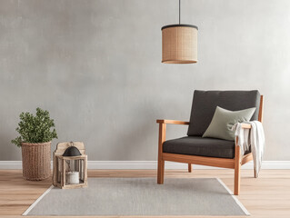 Cozy living room corner with modern chair natural accents and soft lighting