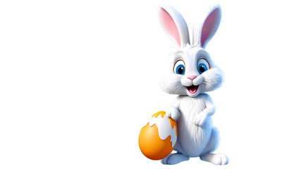 Obraz premium Happy Easter Bunny with Egg: A cheerful cartoon bunny holds a bright yellow Easter egg, beaming with joy. This adorable image captures the spirit of the holiday. 