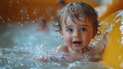 Fototapeta premium A young child splashing and having fun in shallow water