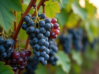 Grapes hanging on vine during sunset in a vineyard showcasing rich colors and textures