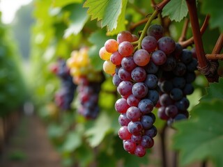 Freshly harvested grapes grow in a vineyard during the summer season