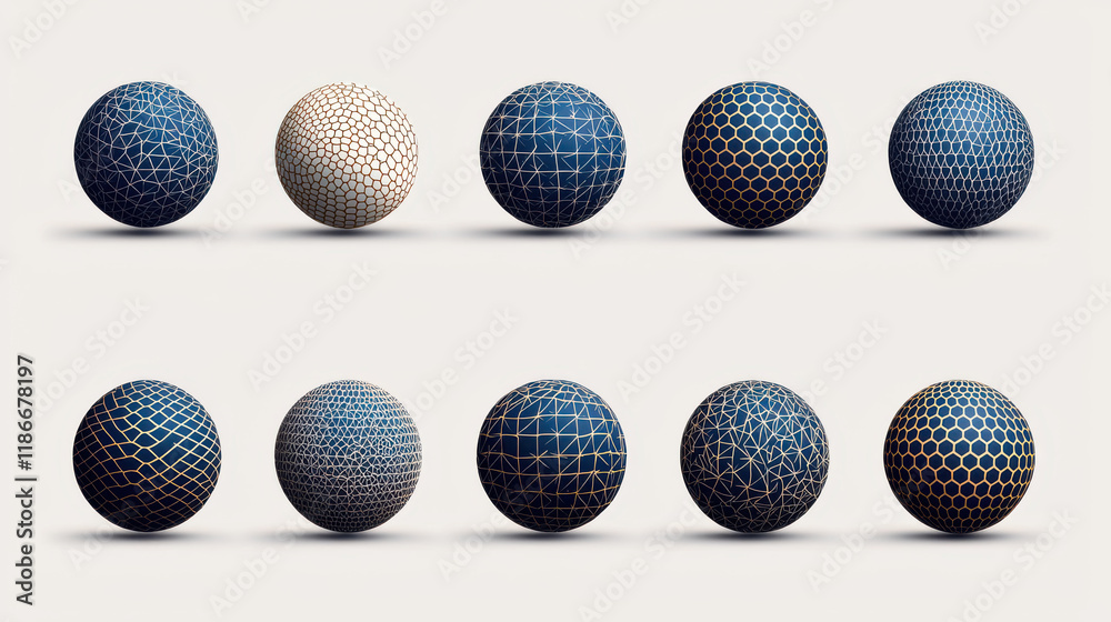 Aufkleber geometric spheres with various patterns and textures in blue and white. these creative designs showc
