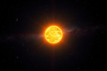 A brilliant sun radiates light and heat across the vastness of outer space, surrounded by dark cosmic voids, showcasing its immense power.