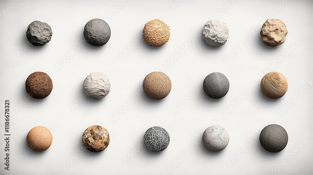 Fototapete Textured spheres in various colors and materials arranged in grid. Each sphere showcases unique patterns and finishes, creating visually appealing display of natural elements