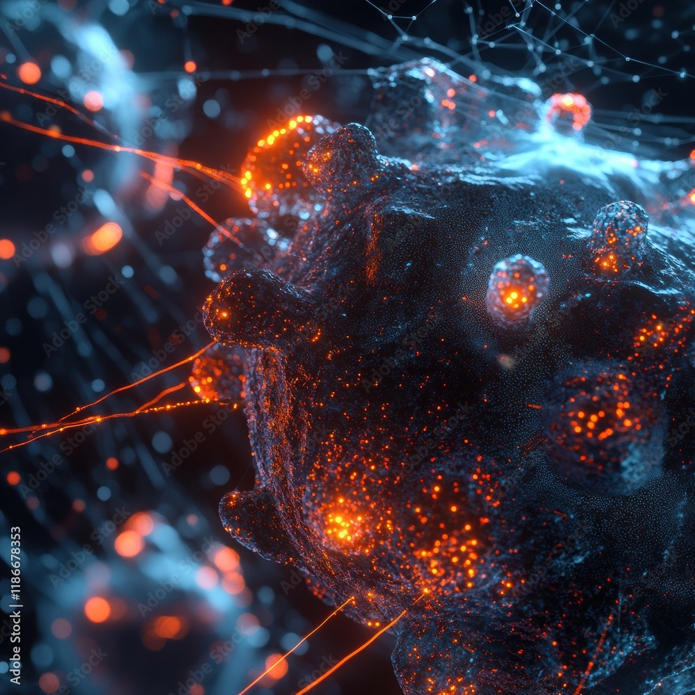 Poster detailed 3d visualization showcasing virus structure with capsid, spikes, and glowing rna strands fo