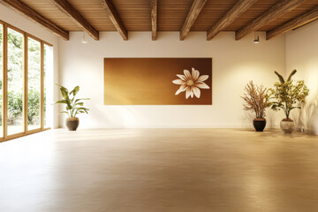 Elegant interior with wooden beams and floral wall art in a serene setting