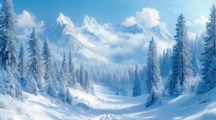 Fototapeta premium Snow-covered fir trees in a winter mountain valley, sunlight on snow.