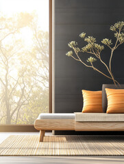 Modern living space with sunlight streaming through large windows and cozy seating area