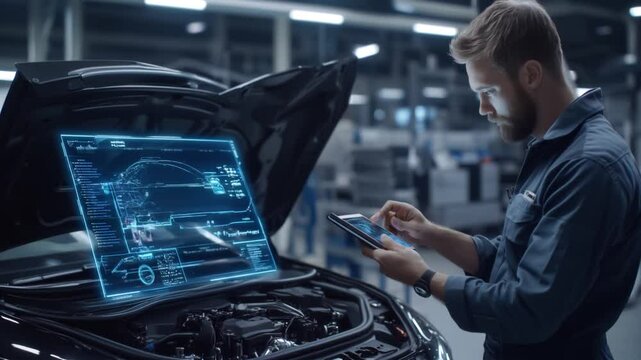 horizontal video where mechanic using tablet makes car diagnostics. car breakdown repair