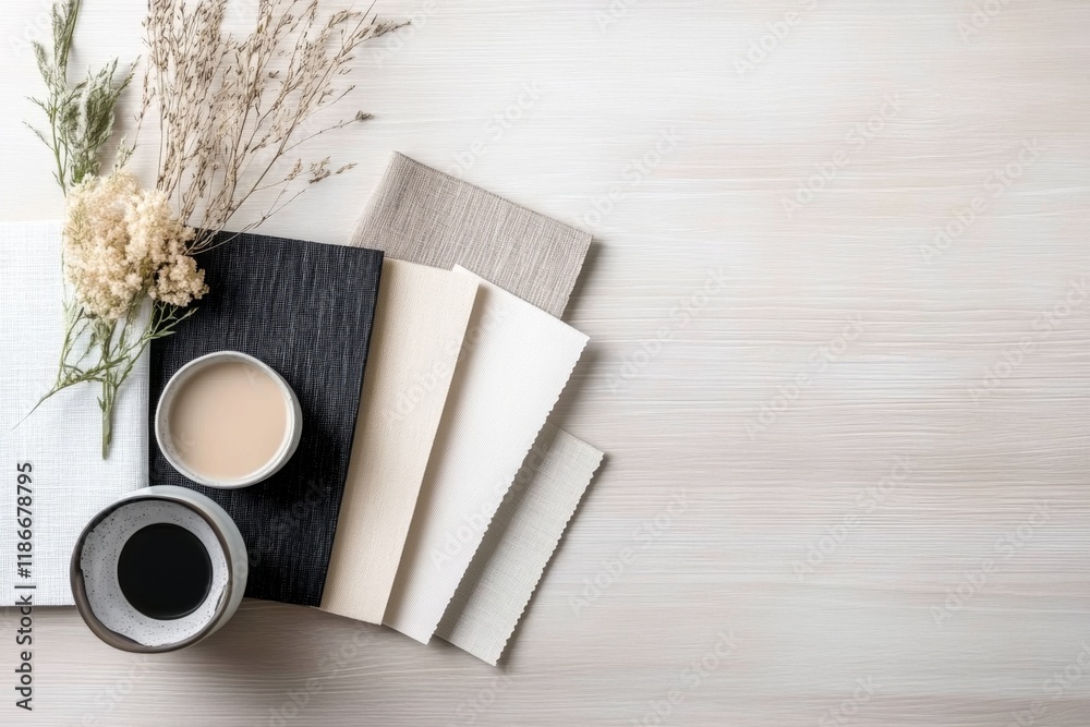 Fototapete a minimalist depiction of a fabric swatch book, showing clean blocks of neutral colors and simple pa