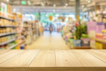 Wooden Tabletop with Blurred Supermarket Background for Product Display Mockups