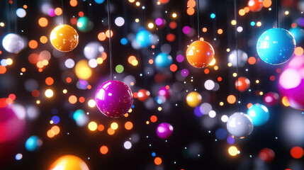 Colorful hanging spheres create vibrant visual display against dark background, evoking sense of joy and celebration. bright orbs reflect light, enhancing festive atmosphere