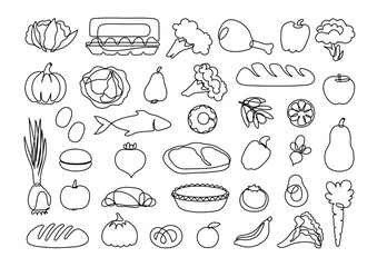 Groceries products doodle. Continuous line drawing.