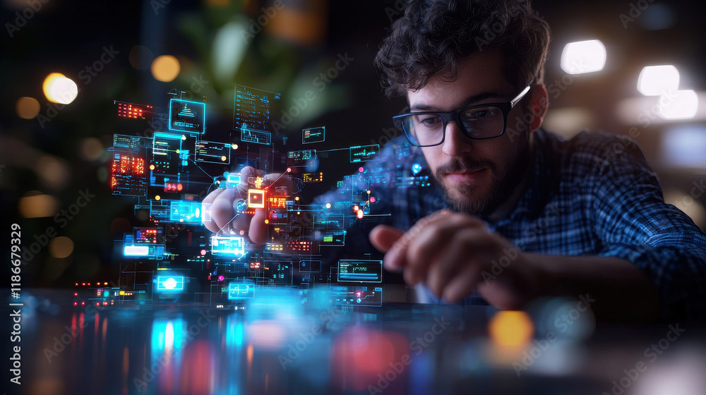 Poster focused data scientist interacts with AI technology, analyzing digital data visualizations and interfaces. scene captures innovation and creativity in tech