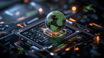 digital concept of globe representing global connectivity and technology, showcasing network of data and information. vibrant green globe stands out against dark, high tech background