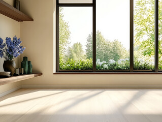 Obraz premium Bright and airy interior with large windows overlooking a lush garden