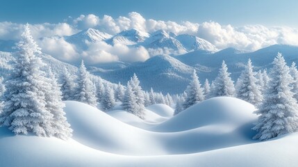 Obraz premium Snow-covered fir trees on rolling hills with majestic snow-capped mountains in the background under a bright winter sky.
