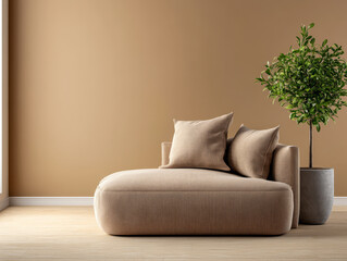 Cozy living space featuring a plush chaise lounge and a vibrant potted plant by the wall