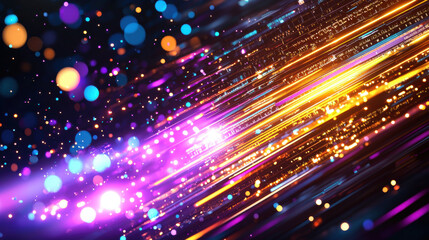Vibrant digital concept showcasing glowing data streams in motion, with colorful orbs and light trails creating dynamic and energetic atmosphere