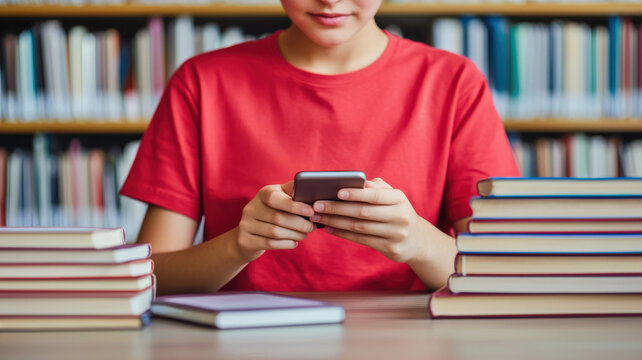 person in red t shirt uses smartphone surrounded by books