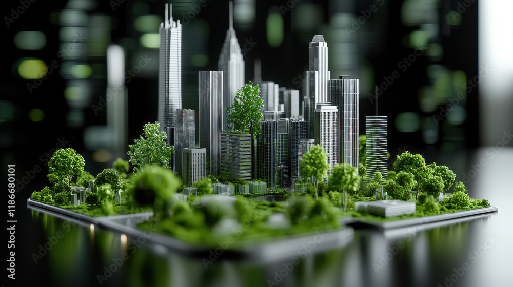 Poster digital rendering of futuristic cityscape showcasing carbon reduction efforts with greenery and mode