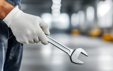 Close-Up of a Hand in White Gloves Holding a Wrench in Industrial Setting