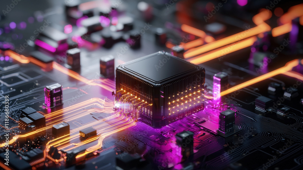 Aufkleber digital representation of big data processing with microchip, glowing circuits, and vibrant colors. This showcases advanced technology and innovation in computing
