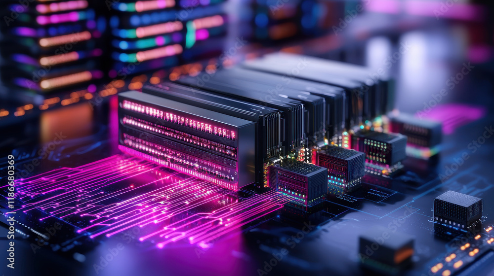 Poster digital representation of big data processing with vibrant colors and intricate circuitry. image showcases advanced technology and data flow in futuristic setting