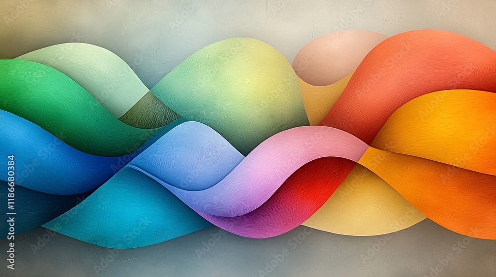 Poster abstract backdrop with undulating iridescent curves in a dynamic asymmetrical composition featuring 