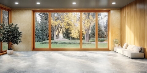 Fototapeta premium Bright and spacious interior with large windows showcasing autumn colors in the garden