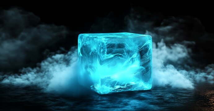 Illuminated blue cube surrounded by mist in a dark environment creates a surreal atmosphere
