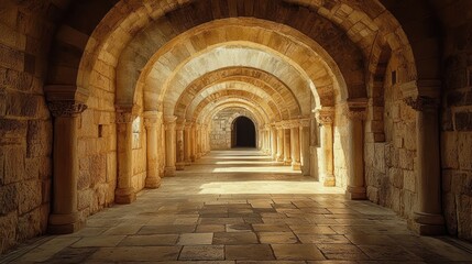 Obraz premium Sunlit Stone Archway in Historic Building with Columns.