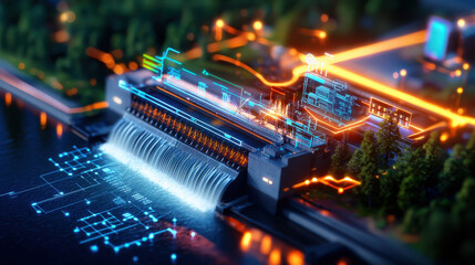 drone view of hydroelectric dam with digital overlays showcasing energy flow and technology. scene captures blend of nature and modern engineering