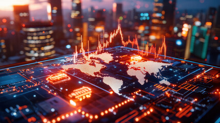 dynamic visualization of global economic trends with digital map, showcasing data analytics and financial growth in vibrant cityscape