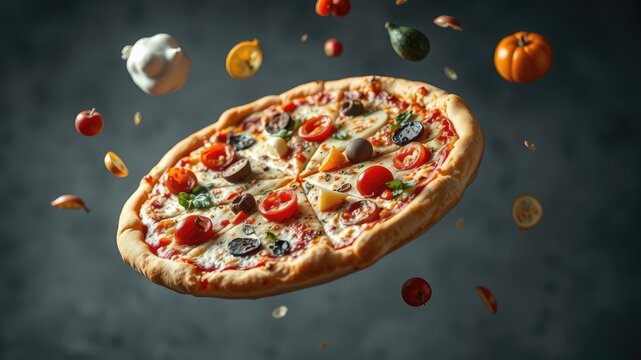 A floating pizza with various ingredients suspended in mid-air, creating a surreal and dreamy atmosphere, food styling, edible sculptures