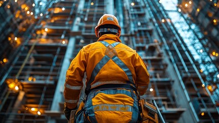Fototapeta premium Construction Worker Surveys a Building Under Construction