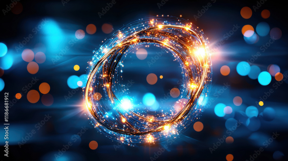 Fototapete futuristic glowing circle with bright particles and blue bokeh background, representing data analysi