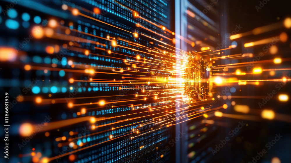 Poster Futuristic data center with glowing servers and vibrant data streams, showcasing advanced technology and digital innovation. visual representation of high speed data transfer