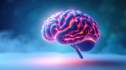 A dreamlike scene featuring a glowing brain with hues of indigo, violet and gold on a gradient background that shifts between blues and greens, dreamscape, cerebral cortex, mental imagery