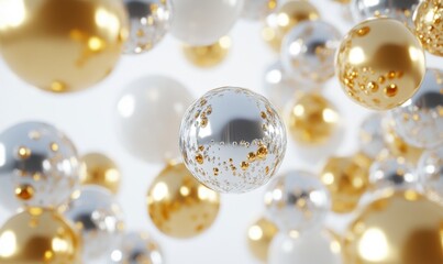 Naklejka premium Bubbles of gold and silver floating against a bright background create a festive atmosphere and artistic composition