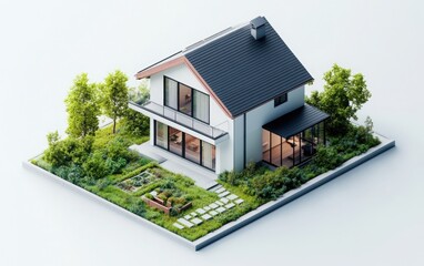 A hyper-realistic 3D rendering of a minimalist house icon with a garden, viewed isometrically, on a white background. 