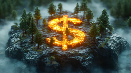 Burning Dollar Sign on a Misty Island Surrounded by Trees