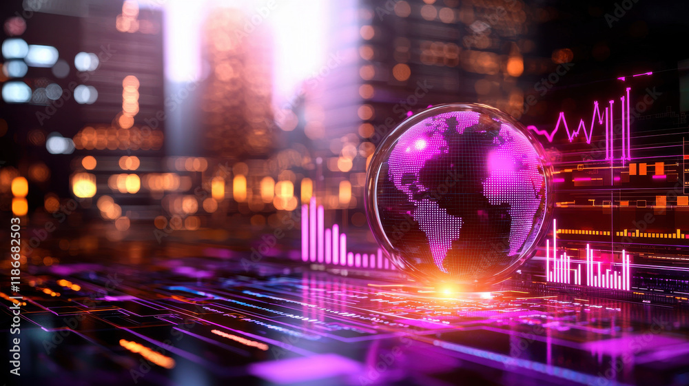 Poster futuristic globe with glowing economic indicators in vibrant cityscape, showcasing data visualizatio