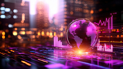 futuristic globe with glowing economic indicators in vibrant cityscape, showcasing data visualization and technology trends. scene reflects innovation and global connectivity