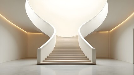 A symmetrical staircase in a clean, neutral-toned space