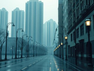 A deserted street lined with old streetlights on a rainy day in the city with a grey backdrop of high-rise buildings, architecture, abandoned roads, grey background
